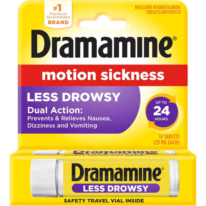 Dramamine Less Drowsy Motion Sickness Tablets 16 In Front Of White Background