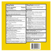 Drug Facts and Directions label panel for Dramamine Original motion sickness tablets, showing active ingredient, purpose, warnings, directions, and a barcode on a yellow background.