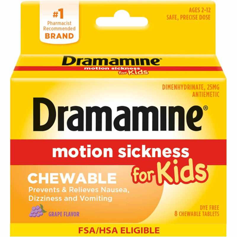 Bright yellow and orange Dramamine for Kids package advertises grape-flavored chewable motion sickness medicine for nausea, dizziness, and vomiting.