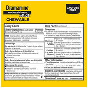 Yellow-and-black Dramamine for Kids chewable motion sickness box labeled lactose-free; the side panel shows drug facts, dosage directions, warnings, ingredients, and contact information.