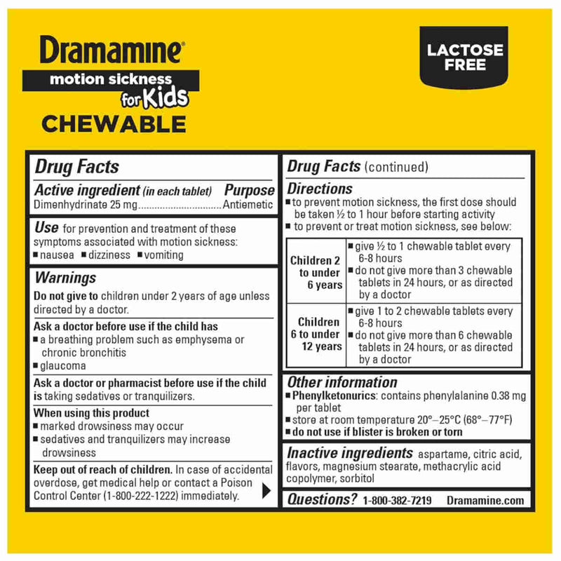 Yellow-and-black Dramamine for Kids chewable motion sickness box labeled lactose-free; the side panel shows drug facts, dosage directions, warnings, ingredients, and contact information.