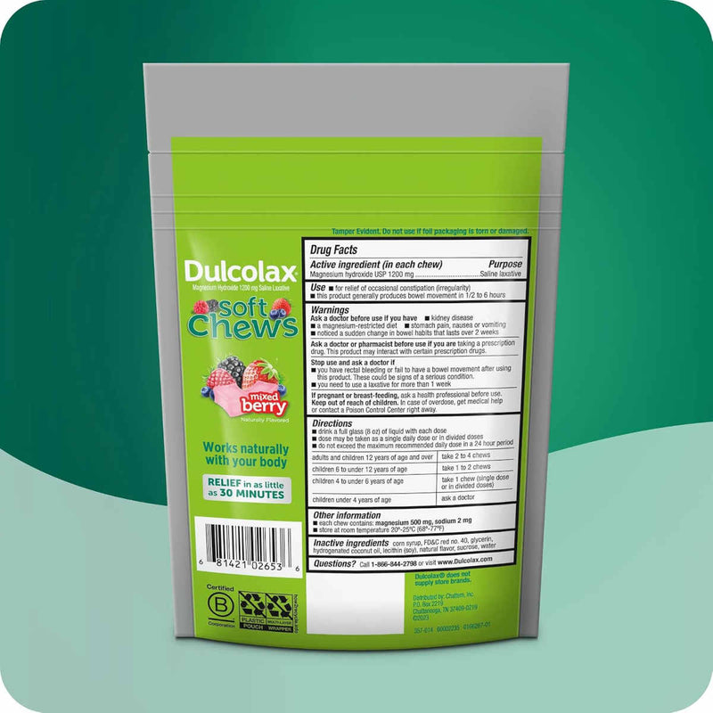 Dulcolax Soft Chews Mixed Berry 30-count pouch showing Drug Facts and directions
