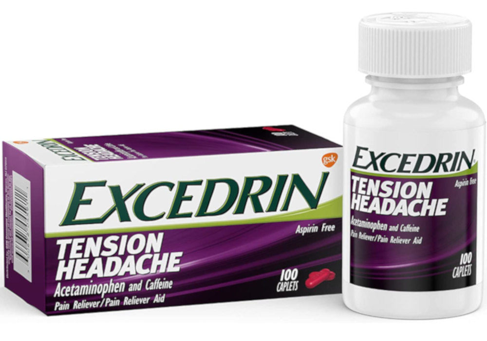 Excedrin Tension Headache Caplets 100ct  Bottle And Outer Packaging In Front Of White Background