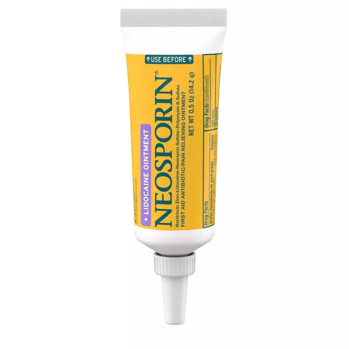 Neosporin UK + Lidocaine Antibiotic Ointment 0.5 Oz Tube In Front Of White Background