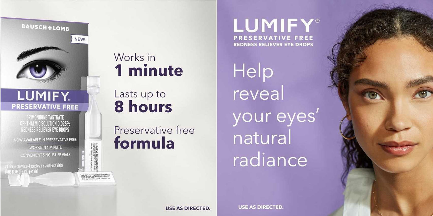 A split promotional graphic for Lumify Preservative Free redness reliever eye drops. The left half shows the product box and vial on a white background with text stating it works in 1 minute and lasts up to 8 hours.
