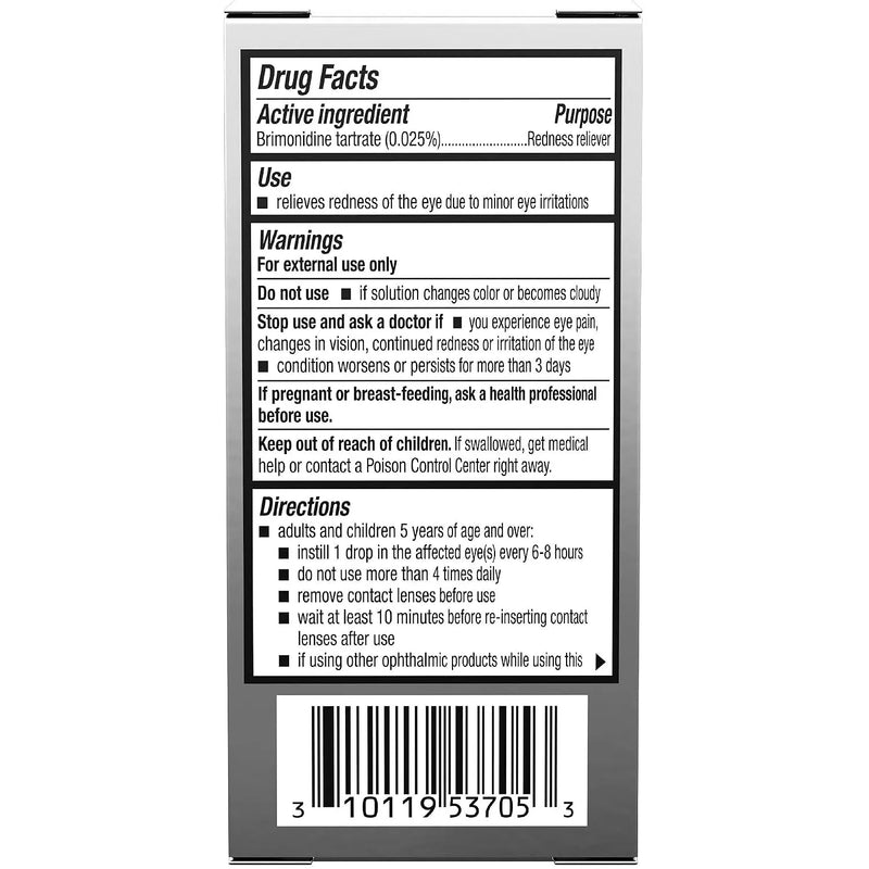 The back of a Lumify Eye Drops 5 ml package showing drug facts, warnings, directions, and a barcode on a white background.