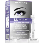Bausch + Lomb Lumify Preservative Free redness reliever eye drops shown with the retail box, a single-use vial, and a small applicator tip on a clean white background.