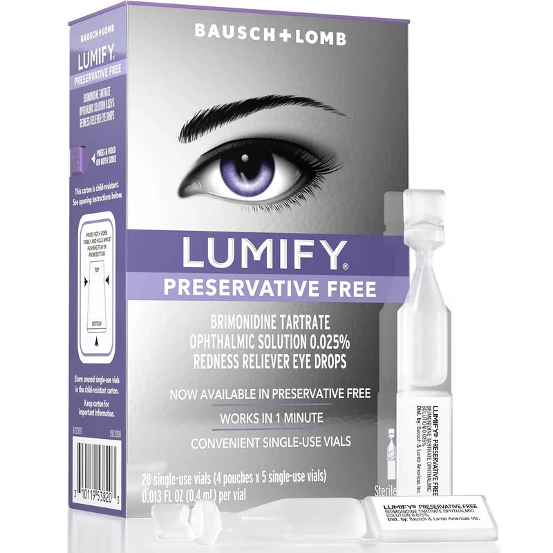 Bausch + Lomb Lumify Preservative Free redness reliever eye drops shown with the retail box, a single-use vial, and a small applicator tip on a clean white background.