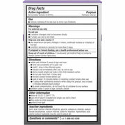 A close-up of a drug facts label on a Bausch + Lomb Lumify Preservative Free redness reliever eye drops pack, showing text about the active ingredient redness reliever and usage warnings and directions.