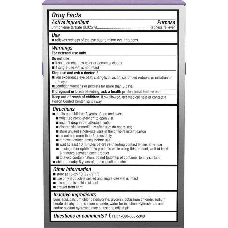 A close-up of a drug facts label on a Bausch + Lomb Lumify Preservative Free redness reliever eye drops pack, showing text about the active ingredient redness reliever and usage warnings and directions.