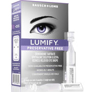 Bausch + Lomb Lumify Preservative Free redness reliever eye drops shown with the retail box, one single-use vial, and two applicator drops on a clean white background.