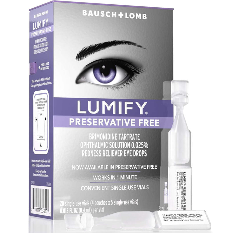 Bausch + Lomb Lumify Preservative Free redness reliever eye drops shown with the retail box, one single-use vial, and two applicator drops on a clean white background.