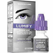 Bausch & Lomb Lumify 5ml Brimonidine Tartrate Ophthalmic Solution 0.025% Redness Reliever Eye Drops, showing the silver and white retail box with a purple eye graphic alongside the clear bottle with a purple dropper cap.