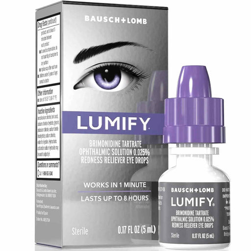 Bausch & Lomb Lumify 5ml Brimonidine Tartrate Ophthalmic Solution 0.025% Redness Reliever Eye Drops, showing the silver and white retail box with a purple eye graphic alongside the clear bottle with a purple dropper cap.