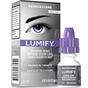 Bausch + Lomb Lumify Eye Drops 7.5 ml shown with its retail box and the dropper bottle. The packaging features a silver and white design with a graphic of a purple eye, and the bottle has a purple dropper cap.