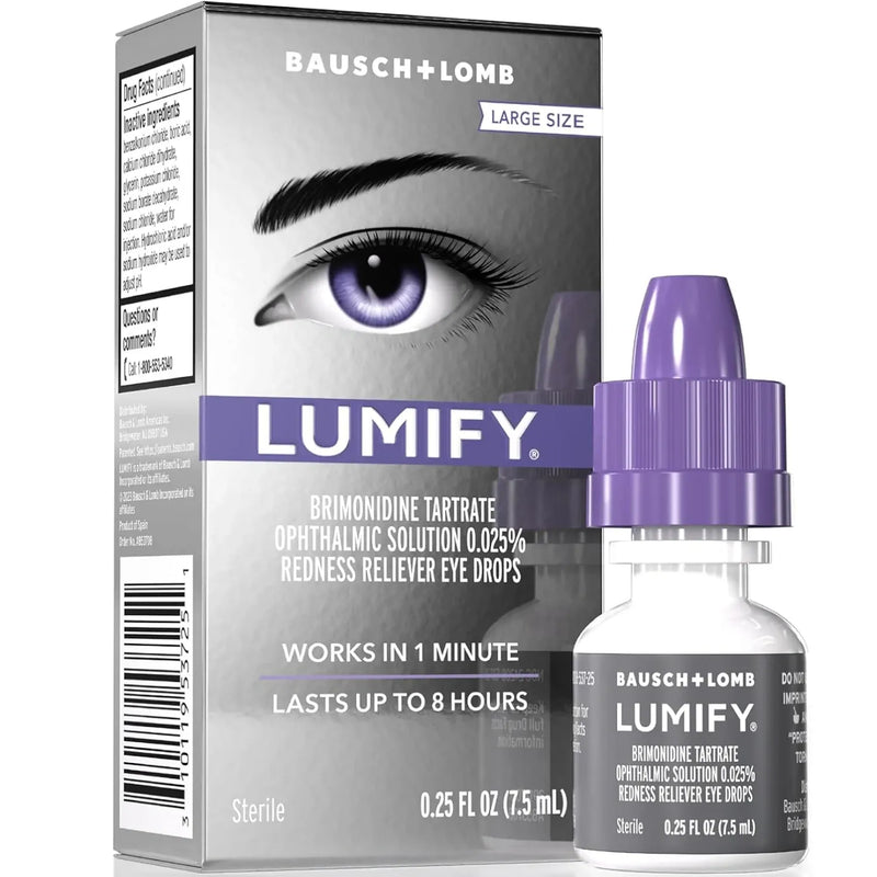 Bausch + Lomb Lumify Eye Drops 7.5 ml shown with its retail box and the dropper bottle. The packaging features a silver and white design with a graphic of a purple eye, and the bottle has a purple dropper cap.