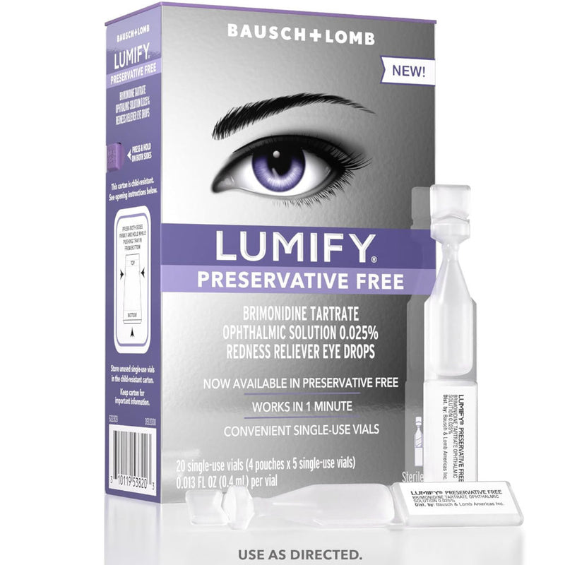 Lumify Preservative Free 20 Single Use Vials In Front Of White Background