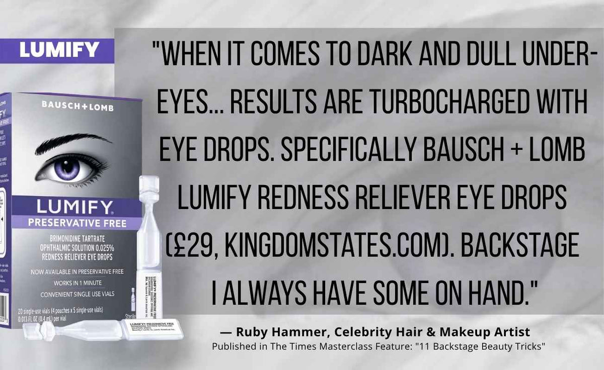 LUMIFY redness reliever eye drops packaging and tube shown on the left, with a large promotional quote From Ruby Hammer in The Times publication about dark and dull under-eye results and her retailer of choice - Kingdom States, on a light gray background.