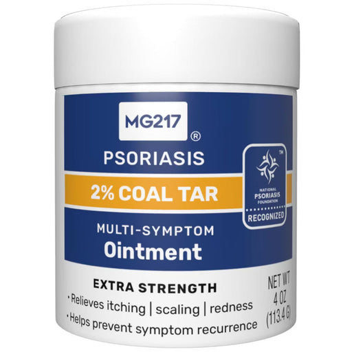 A white plastic jar of MG217 Psoriasis 2% Coal Tar Multi-Symptom Ointment, featuring a blue and yellow label on a white background.