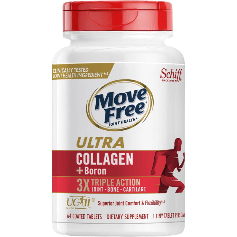 Move Free Ultra Triple Action bottle containing 64 coated tablets with collagen and boron.