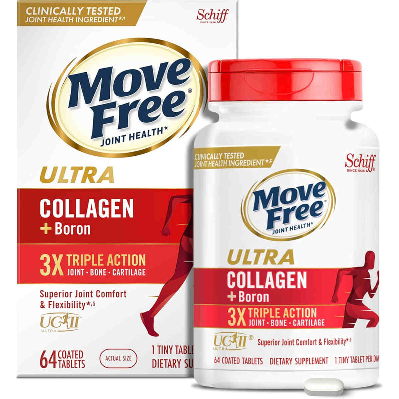 Move Free Ultra Triple Action 64 coated tablets, showing the bottle, outer box and a single tablet.