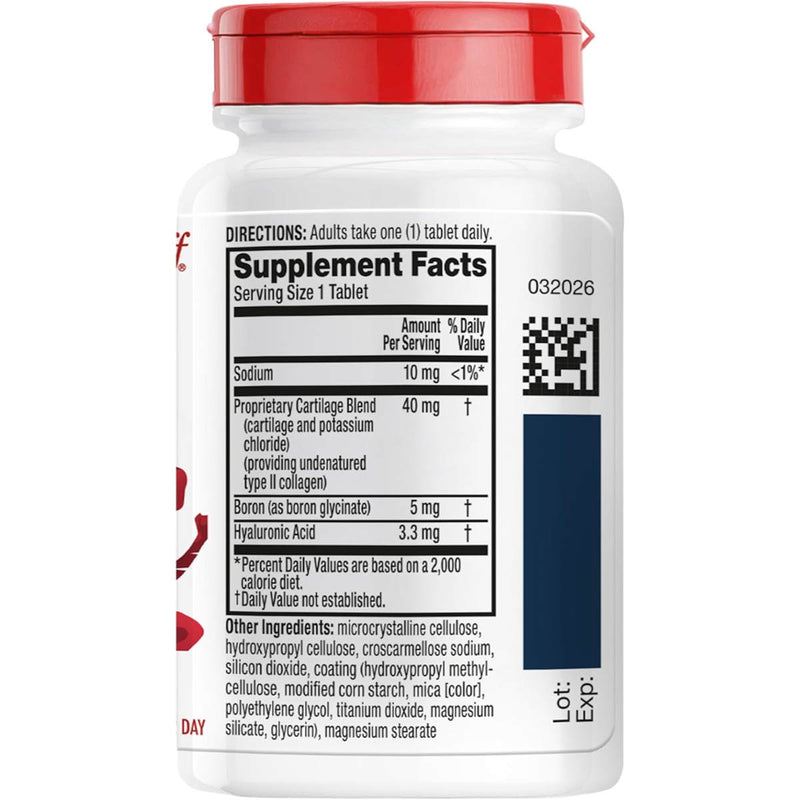 Move Free Ultra Supplement Facts showing 40 mg cartilage blend, 5 mg boron and 3.3 mg hyaluronic acid per tablet.
