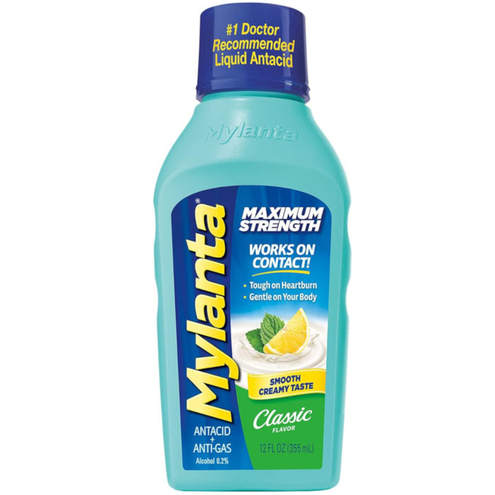 Mylanta Maximum Strength Antacid And Anti Gas Liquid Classic Flavour 12 Oz Bottle In Front Of White Background