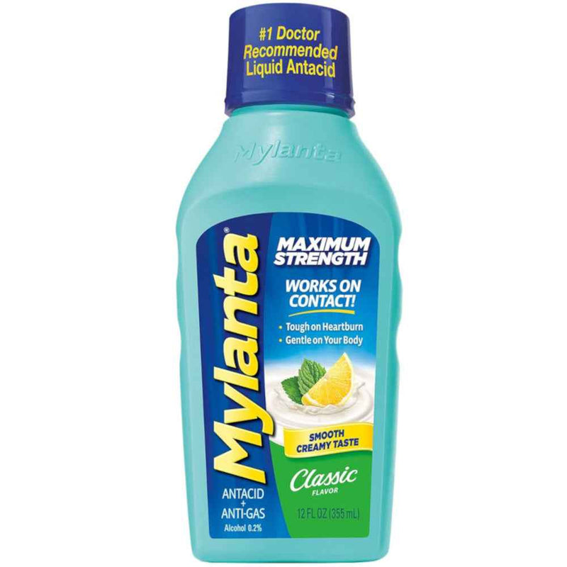 A 12 fl oz bottle of Mylanta Maximum Strength Classic Flavored Liquid Antacid, featuring a light teal body, a dark blue cap, and a blue and yellow label with lemon and mint graphics.