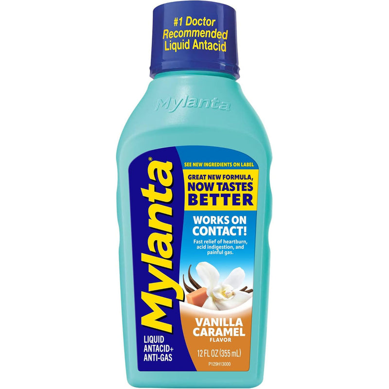 Mylanta Maximum Strength Vanilla Caramel Flavour Antacid And Anti Gas Liquid 12 Oz Bottle In Front Of White Background