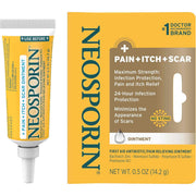 Neosporin Pain+Itch+Scar Ointment tube beside its yellow box, advertising antibiotic and pain relief, 24-hour infection protection, scar care, and “no sting.”