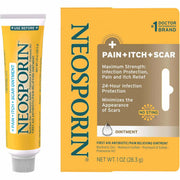 Neosporin Pain+Itch+Scar 1 OZ Ointment tube and packaging on a white background