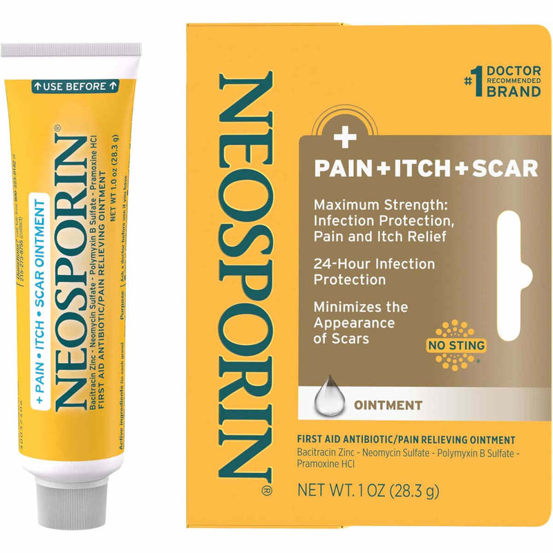 Neosporin Pain+Itch+Scar 1 OZ Ointment tube and packaging on a white background