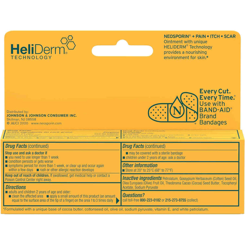 Yellow Neosporin pain, itch and scar packaging box, with a Band-Aid illustration and medical directions, presents a reassuring wound-care product.