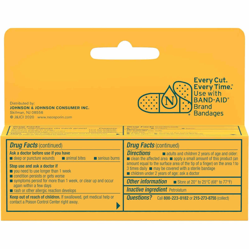 Back packaging panel of a yellow Neosporin Burn Ointment product box with drug facts text and the Band-Aid logo.