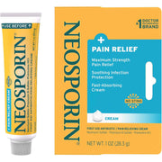Neosporin Pain Relief Cream shown as a yellow and blue squeeze tube next to its matching yellow and blue retail box on a plain white background.