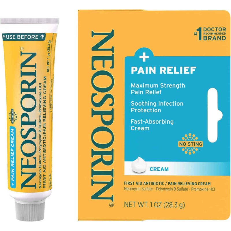 Neosporin Pain Relief Cream shown as a yellow and blue squeeze tube next to its matching yellow and blue retail box on a plain white background.