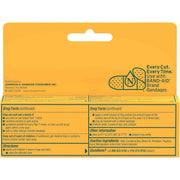 Back of a yellow Neosporin Pain Relief Dual Action antibiotic cream packaging box, with Drug Facts, directions, ingredients, and a bandage logo; clear, practical medical packaging.
