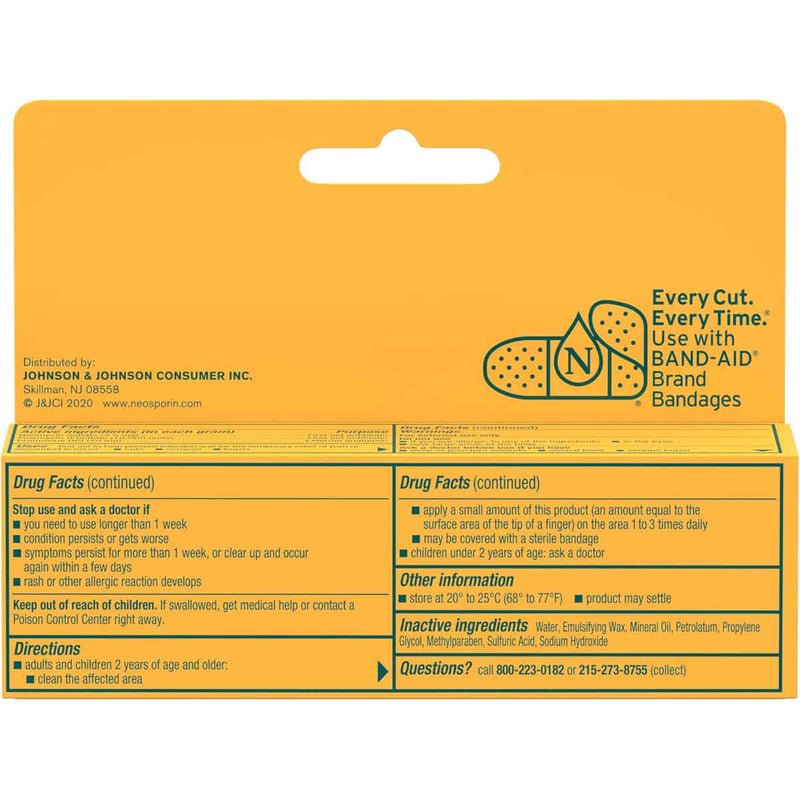 Back of a yellow Neosporin Pain Relief Dual Action antibiotic cream packaging box, with Drug Facts, directions, ingredients, and a bandage logo; clear, practical medical packaging.