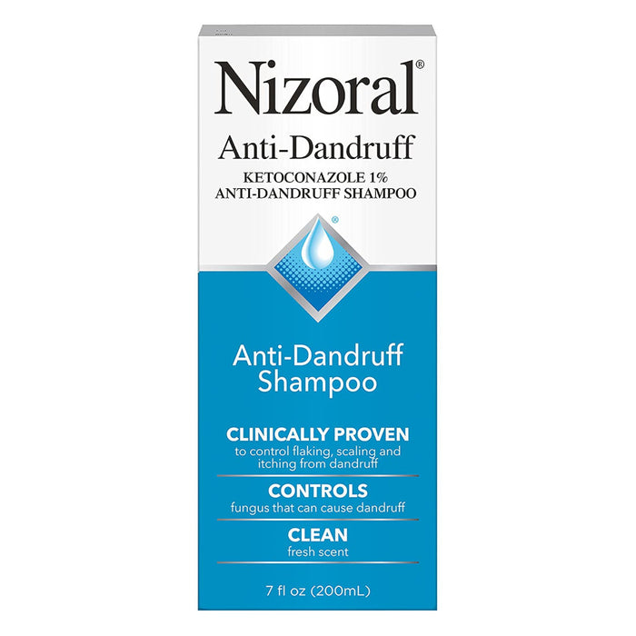 Nizoral Anti-Dandruff Shampoo with 1% Ketoconazole, Fresh Scent, 7 Fl Oz In Front Of White Background