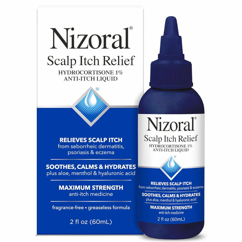 Nizoral Scalp Itch Relief hydrocortisone 1% anti-itch liquid shown as a blue dropper bottle next to its white and blue retail box.
