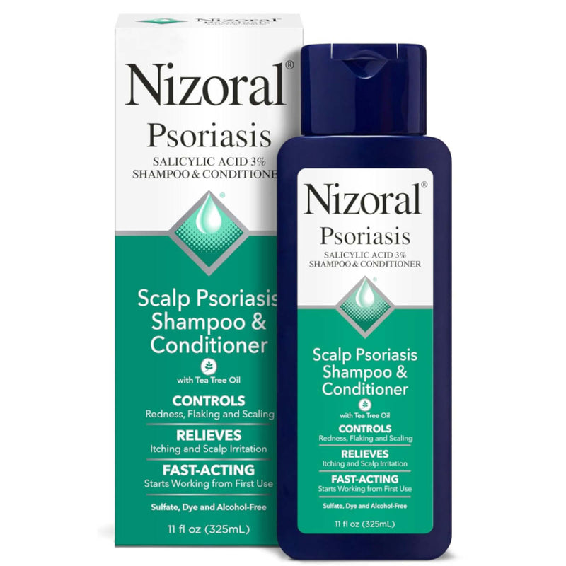 Nizoral Psoriasis Shampoo & Conditioner bottle and box packaging, featuring a dark blue bottle and a white and teal box on a white background.