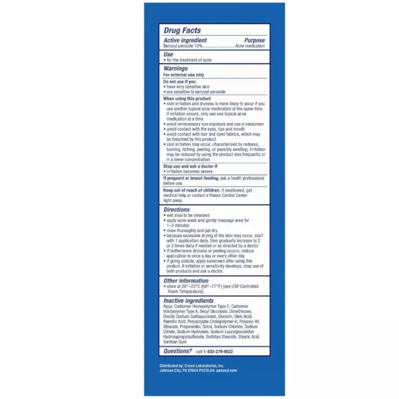 PanOxyl 10% Benzoyl Peroxide Acne Foaming Wash Drug Facts, directions and ingredients
