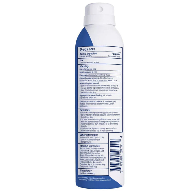 Back view of PanOxyl Acne Banishing Body Spray can with a white cap, showing the detailed Drug Facts label on a plain white background.