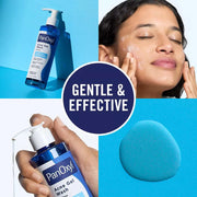 PanOxyl Acne Gel Wash appears in a blue pump bottle beside a woman gently cleansing her face, with a blue gel swatch and “Gentle & Effective” text.