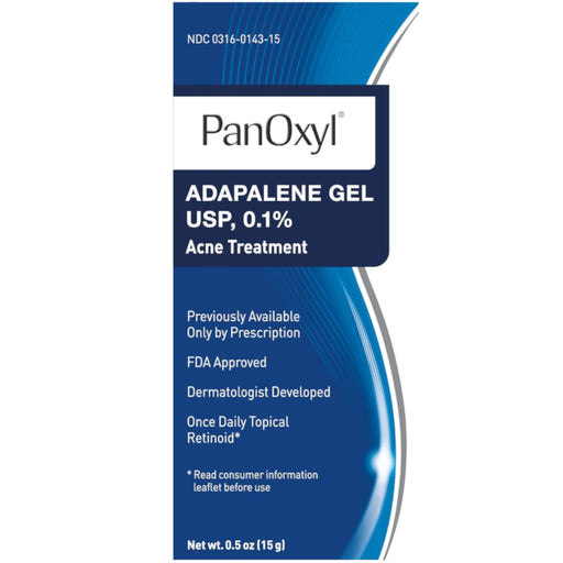 PanOxyl Adapalene 0.1% Leave-On Gel, 30 Day Supply In Front Of White Background
