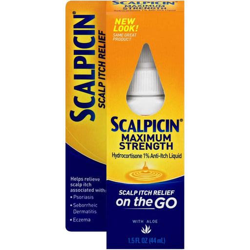 Scalpicin Maximum Strength Scalp Itch Relief liquid on the go box, featuring a yellow-to-orange gradient with a blue lower section and a clear dropper window showing the white cap.