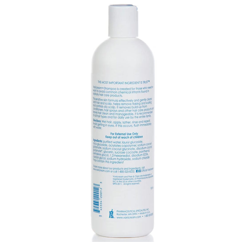 A white bottle of Vanicream Shampoo shown from the back, featuring detailed product information and a barcode on a clean white background.