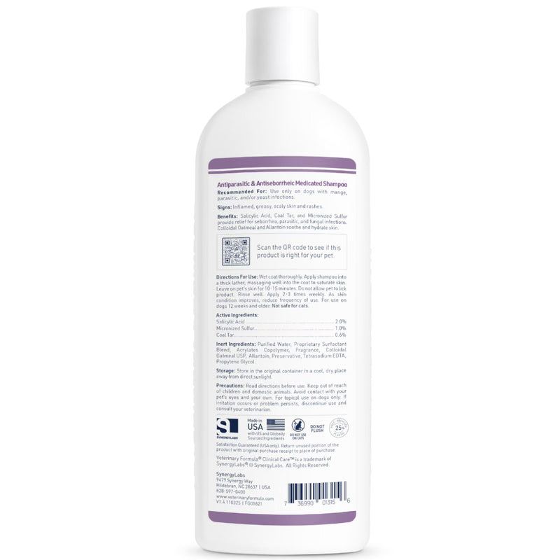 Back view of a Veterinary Formula Antiparasitic & Antiseptiche Medicated Shampoo for dogs bottle on a white background, showing the detailed product label and drug facts.