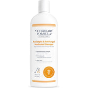 A white Veterinary Formula Clinical Care bottle of antiseptic and antifungal medicated pet shampoo, with orange accents and a clean, clinical look.