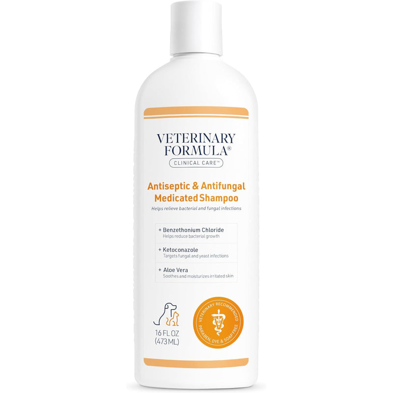 A white Veterinary Formula Clinical Care bottle of antiseptic and antifungal medicated pet shampoo, with orange accents and a clean, clinical look.